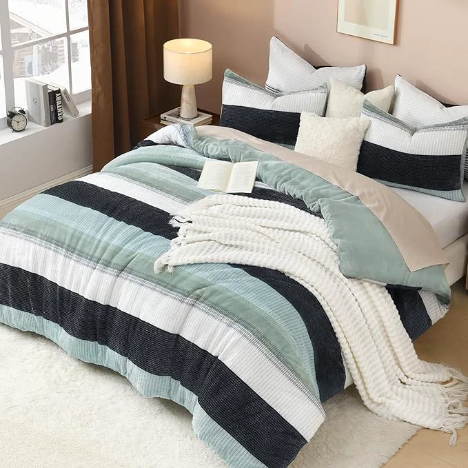 Genuine Litanika Fluffy Fleece Full Size Comforter Set Luxury Soft Plush Fuzzy Sage Green Stripe Bedding Comforter Sets Warm Shaggy Faux Fur Bed Set All Season 1 Comforter 2 Pillowcases Proven