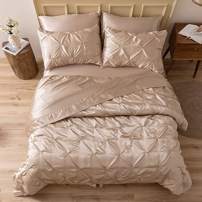 Carefully Designed MR amp HM Satin Comforter King 7 Pieces – Luxurious Pinch Pleat Bedding Set with Comforter Flat Sheet Fitted Sheet Pillowcases amp Shams Super Silky Soft Bed Set for All Season King Champagne Exceptional