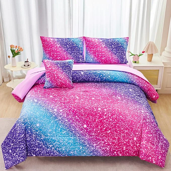 Unique RYNGHIPY Rainbow Bed in A Bag Full Size Girly Pink Purple Blue Gradient Galaxy Print Comforter Set with Sheets Pillowcases Durable