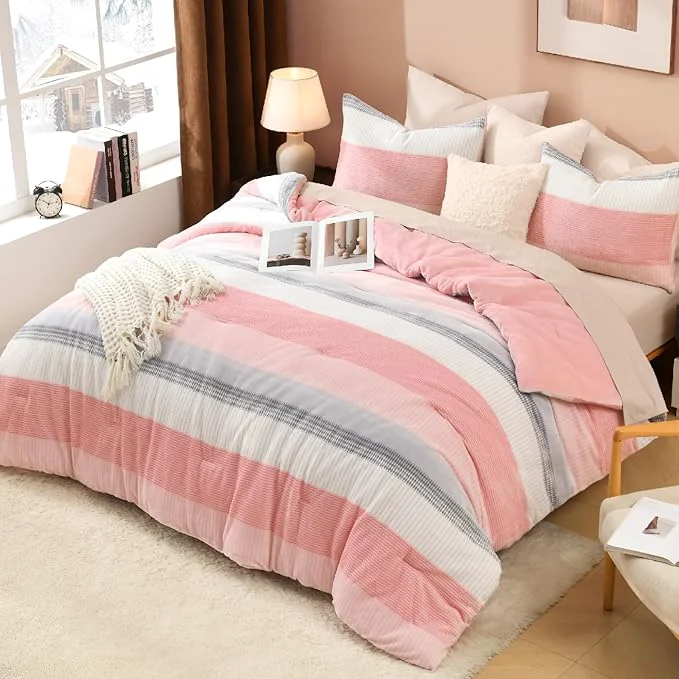 Eco-Friendly Litanika Fluffy Fleece Queen Comforter Set Luxury Soft Plush Fuzzy Blush Stripe Bedding Comforter Sets Warm Shaggy Faux Fur Bed Set All Season 1 Comforter 2 Pillowcases Enhanced