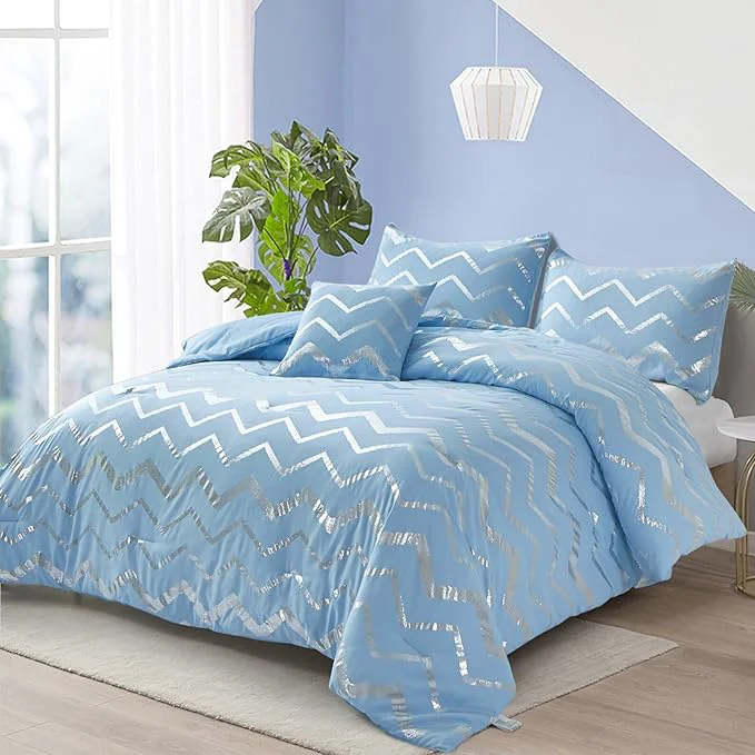 Selected Menghomeus Blue Silver Comforter Set Queen Full Size Metallic Print Glitter Bed Comforter Cute Shinny Bedding for Teen Girls Kids Women 4 Piece 2 Pillowcases 1 Decorative Pillow Sham Breathable