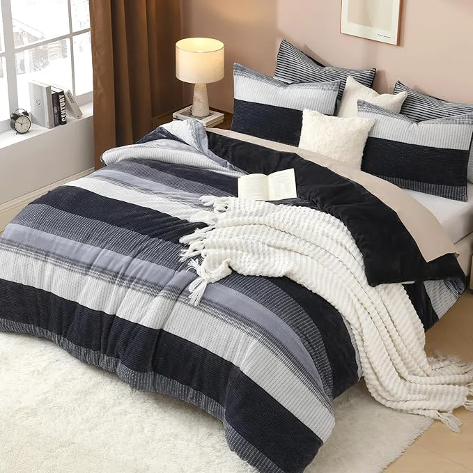 Verified Litanika Fluffy Fleece Full Size Comforter Set Luxury Soft Plush Fuzzy Dark Grey Stripe Bedding Comforter Sets Warm Shaggy Faux Fur Bed Set All Season 1 Comforter 2 Pillowcases Detailed