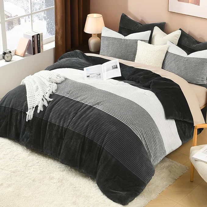 Sustainable Litanika Fluffy Fleece Twin Comforter Set Luxury Soft Plush Fuzzy Grey White Stripe Bedding Comforter Sets Warm Shaggy Faux Fur Bed Set All Season 1 Comforter 1 Pillowcase Convenient