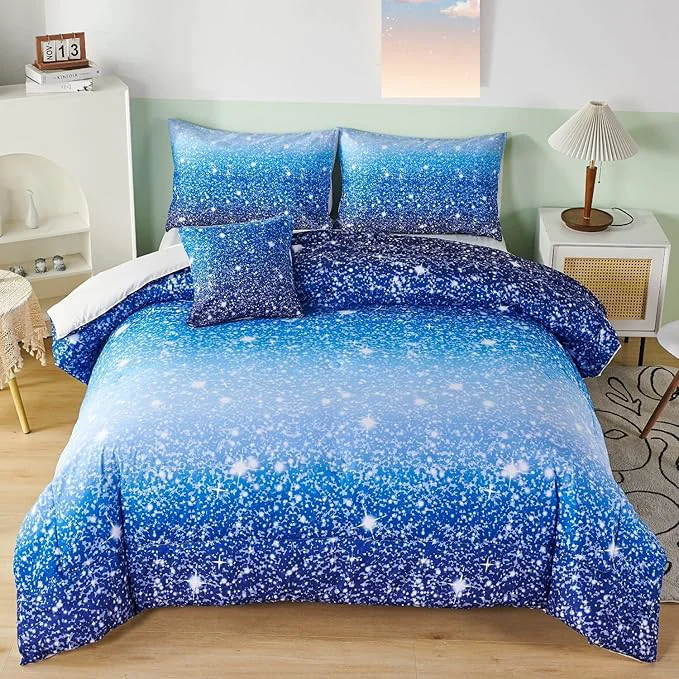 World-Class RYNGHIPY 6Pcs Gradient Aqua Blue Navy Ombre Comforter Sets with Sheets Pillowcases Full Size Sparkle Glitter Design Comforter Bedding Collections for Kids Boys and Girls Fine