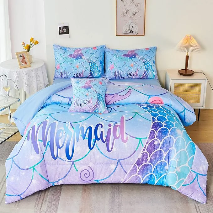 Sustainable RYNGHIPY 6Pcs Mermaid Tail Comforter Set for Teens Girls Women Mermaid Fish Scale Bed in a Bag Full Size Sparkle Teal Purple Rainbow Bedroom Decor Bedding Set Authentic