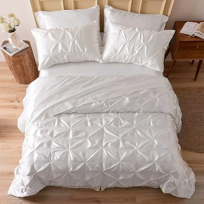 High-Performance MR amp HM Satin Comforter Twin 5 Pieces – Luxurious Pinch Pleat Bedding Set with Comforter Flat Sheet Fitted Sheet Pillowcase amp Sham Super Silky Soft Bed Set for All Season Twin Ivory Fast