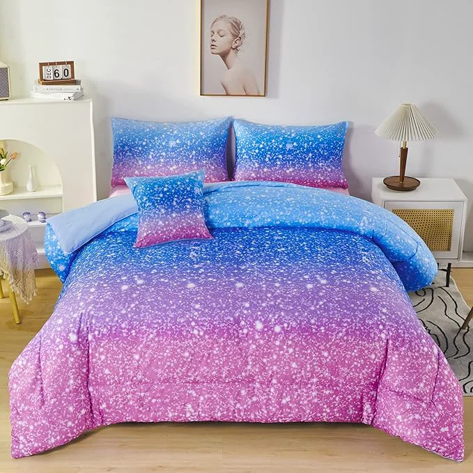 Eco-Friendly RYNGHIPY 6Pcs Sparkle Gradient Glitter Comforter Sets Ombre Indigo Pink Gradient Bedding Set for Boys Girls Rainbow Bed in A Bag Twin Size Modern