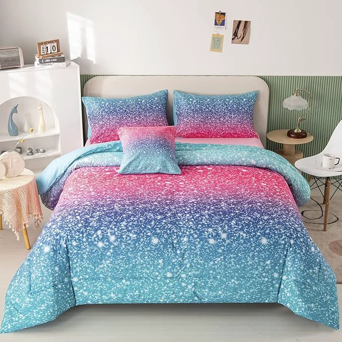 Optimized RYNGHIPY 6Pcs 3D Glitter Comforter Bedding Sets for Kids Teens Girls Women Turquoise Blue Pink Rainbow Quilt Set Queen Size Ultra Soft Reversible Bed in A Bag Fast