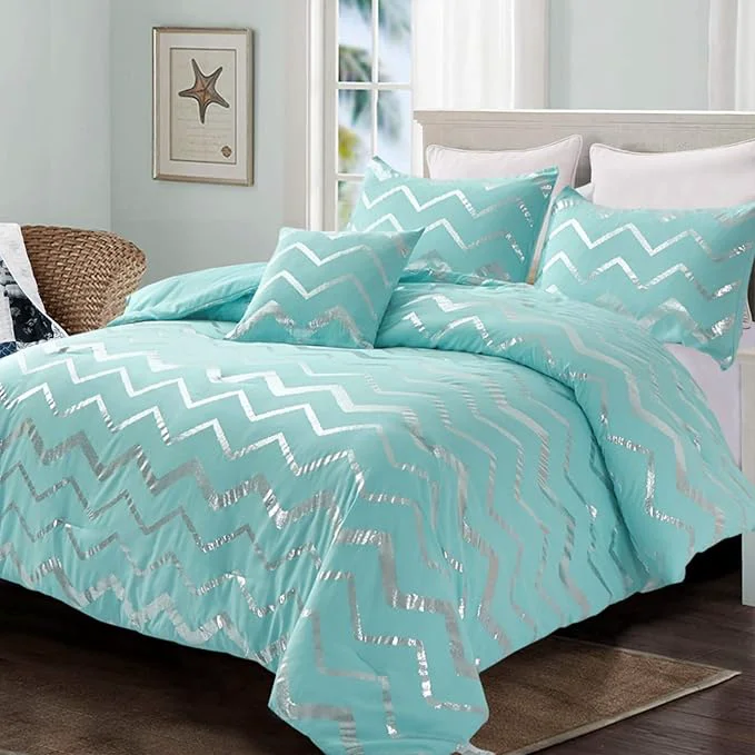 Classic Menghomeus Aqua Comforter Set Full Size Metallic Teal and Silver Bed Comforter 4 Piece Lightweight Microfiber Bedding for Teen Girls Boys 2 Pillow Case 1 Decorative Pillow Sham Premium