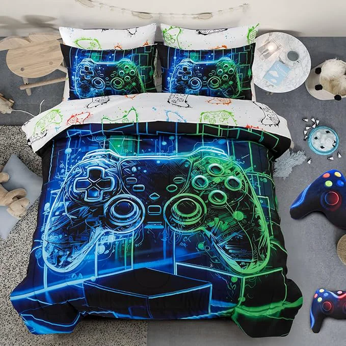 Quality A Nice Night 5Pcs Gaming Comforter Set Blue Green 3D Game Contoller Themed Keyboard Printing Bedding Sets for Kids Teen Boys Reversible Comforter for All Seasons Queen Professional