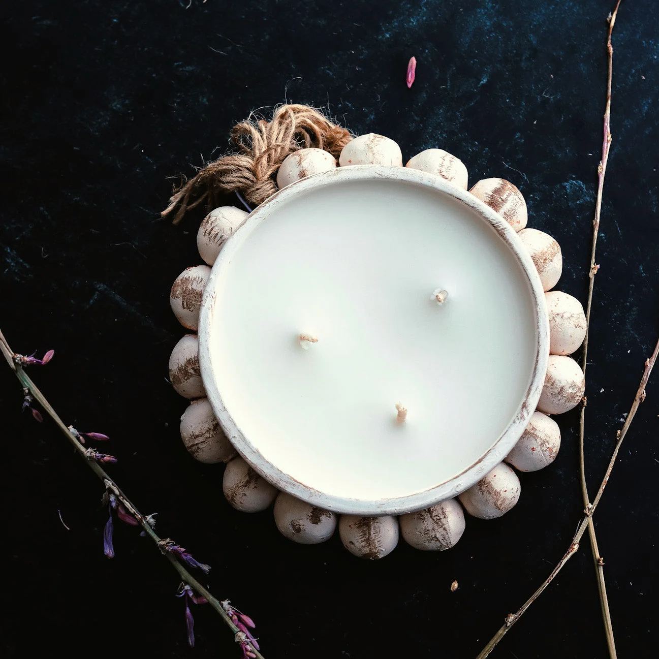 Prestigious Christmas Hearth – 3 Wick Beaded Round Pottery Bowl Candle Sustainable