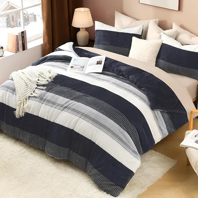 User-Friendly Litanika Fluffy Fleece Full Size Comforter Set Luxury Soft Plush Fuzzy Black Blue Stripe Bedding Comforter Sets Warm Shaggy Faux Fur Bed Set All Season 1 Comforter 2 Pillowcases Flexible