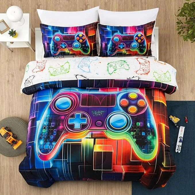 Practical A Nice Night Boys Twin Size 5-Piece Game Console Comforter Set for Kids Teen 3D Colorful Background Colorful Universe Gamepad Gaming Printed Matching Sheet Sets Black-Red Long-Lasting