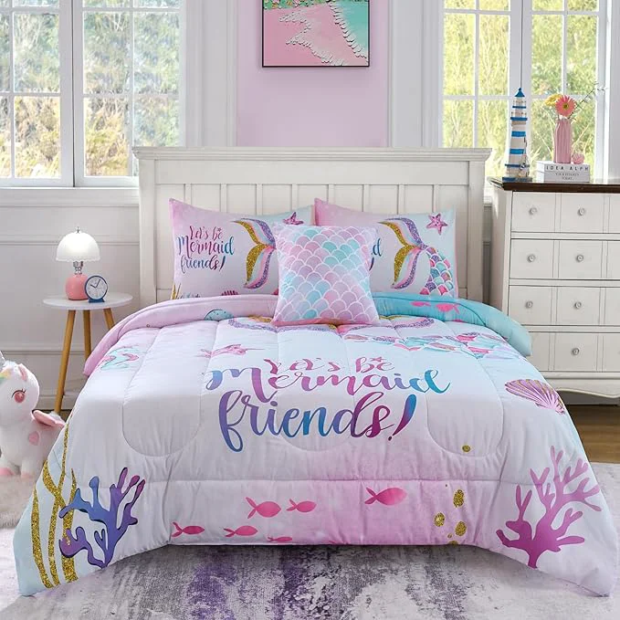 Clean Cokouchyi Full Size Comforter Set for Girls 6-Piece Bed in a Bag 3D Colorful Mermaid Bedding Comforter Sheet Set Ultra Soft and Fluffy Mermaid Lightweight