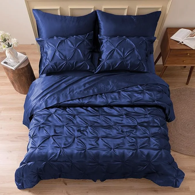 Quality MR amp HM Satin Comforter Queen 7 Pieces – Luxurious Pinch Pleat Bedding Set with Comforter Flat Sheet Fitted Sheet Pillowcases amp Shams Super Silky Soft Bed Set for All Season Queen Navy Blue Elegant