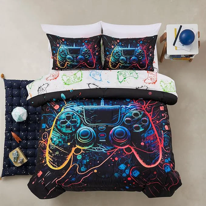 Casual A Nice Night Boys Twin Size 5-Piece Game Console Comforter Set for Kids Teen 3D Colorful Background Space Universe Gamepad Gaming Printed Matching Sheet Sets Efficient