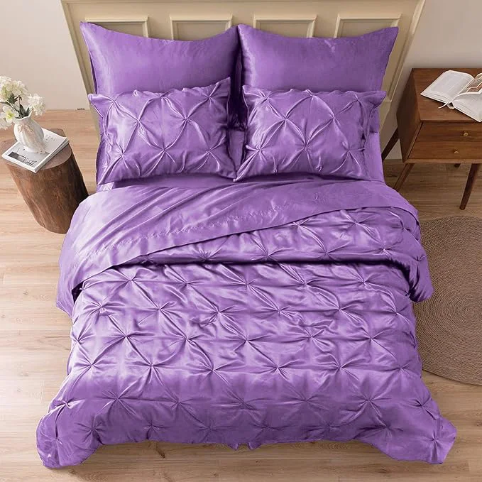 Responsible MR amp HM Satin Comforter Twin XL 5 Pieces – Luxurious Pinch Pleat Bedding Set with Comforter Flat Sheet Fitted Sheet Pillowcase amp Sham Super Silky Soft Bed Set for All Season Twin XL Lavender Consistent