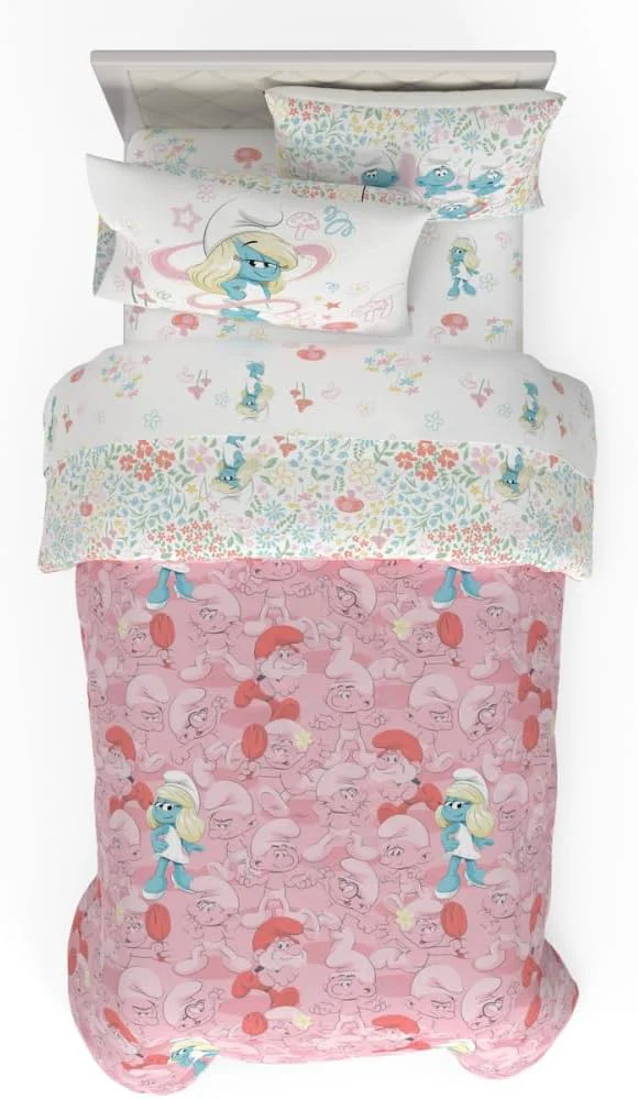High-Grade The Smurfs Smurfette Twin Bedding Set – 5 Piece Kids Super Soft Microfiber Reversible Comforter amp Sheet Set – Pink ly Licensed Product by Franco Flexible