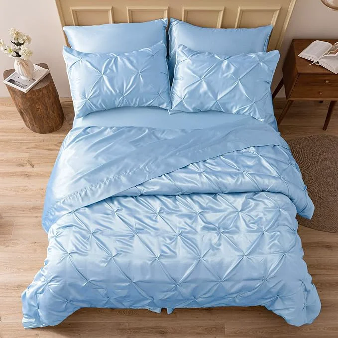 High-Performance MR amp HM Satin Comforter Queen 7 Pieces – Luxurious Pinch Pleat Bedding Set with Comforter Flat Sheet Fitted Sheet Pillowcases amp Shams Super Silky Soft Bed Set for All Season Queen Light Blue Contemporary