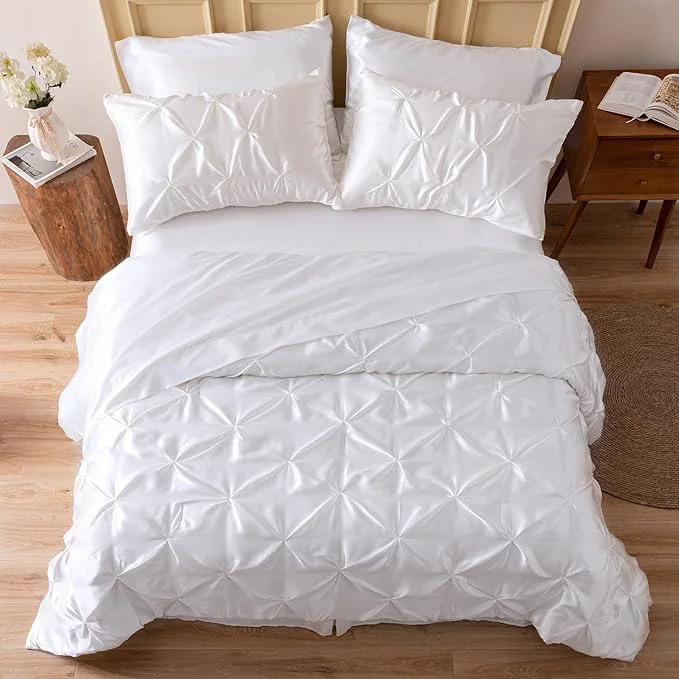 Healthy MR amp HM Satin Comforter King 7 Pieces – Luxurious Pinch Pleat Bedding Set with Comforter Flat Sheet Fitted Sheet Pillowcases amp Shams Super Silky Soft Bed Set for All Season King White Elite