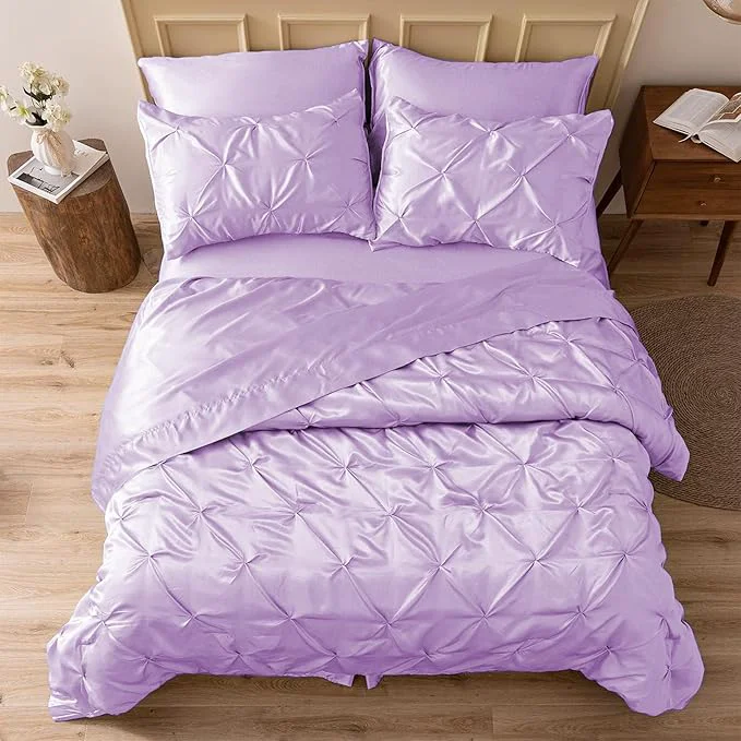 Easy-to-Use MR amp HM Satin Comforter King 7 Pieces – Luxurious Pinch Pleat Bedding Set with Comforter Flat Sheet Fitted Sheet Pillowcases amp Shams Super Silky Soft Bed Set for All Season King Lilac Classic