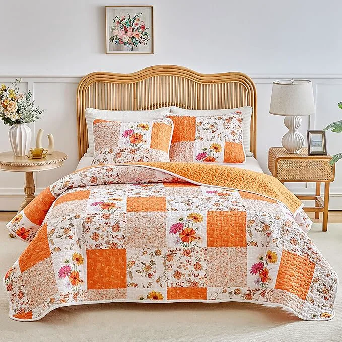 Organic Joyreap 3 Pieces Floral Patchwork Quilt Set Queen Orange n White Flowers Design Smooth Soft Microfiber Quilt Bedspread Bed Cover for All Season- 102×90 inches Efficient