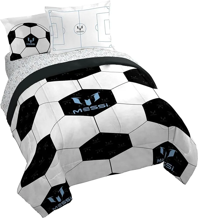 Official Jay Franco Kids Comforter Set Includes Sheets and Pillow Cover – Soft and Cozy Bed Set for Stylish Room Décor White – Messi 7 Piece Queen Pure