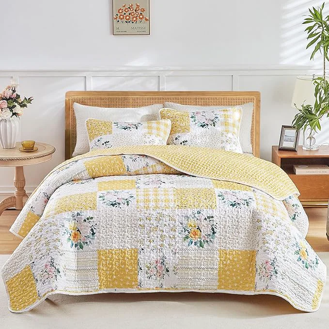 Environmentally Friendly Joyreap 3 Pieces Floral Patchwork Quilt Set Queen Yellow n White Flowers Design Soft n Cozy Microfiber Quilt Bedspread Bed Cover for All Season 1 Quilt and 2 Pillow Shams- 90×90 inches Luxury