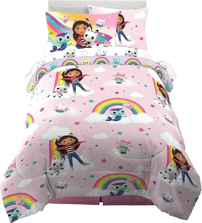 Consistent Gabby 39 s Dollhouse Kids Twin Size Bedding 5 Piece Super Soft Cozy Reversible Comforter and Sheet Set with Sham ly Licensed Product By Franco Classic