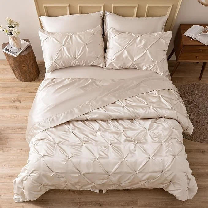 Practical MR amp HM Satin Comforter Queen 7 Pieces – Luxurious Pinch Pleat Bedding Set with Comforter Flat Sheet Fitted Sheet Pillowcases amp Shams Super Silky Soft Bed Set for All Season Queen Beige Organic