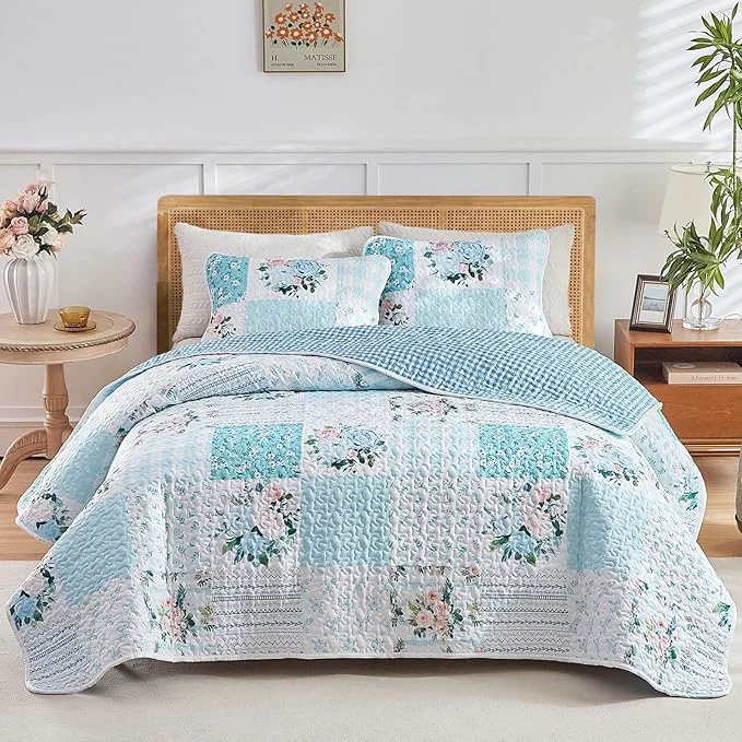 Responsible Joyreap 3 Pieces Floral Patchwork Quilt Set King Blue n White Flowers Design Soft n Cozy Microfiber Quilt Bedspread Bed Cover for All Season 1 Quilt and 2 Pillow Shams- 102×90 inches Flexible