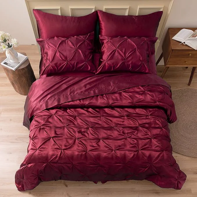 Flexible MR amp HM Satin Comforter King 7 Pieces – Luxurious Pinch Pleat Bedding Set with Comforter Flat Sheet Fitted Sheet Pillowcases amp Shams Super Silky Soft Bed Set for All Season King Burgundy Dependable