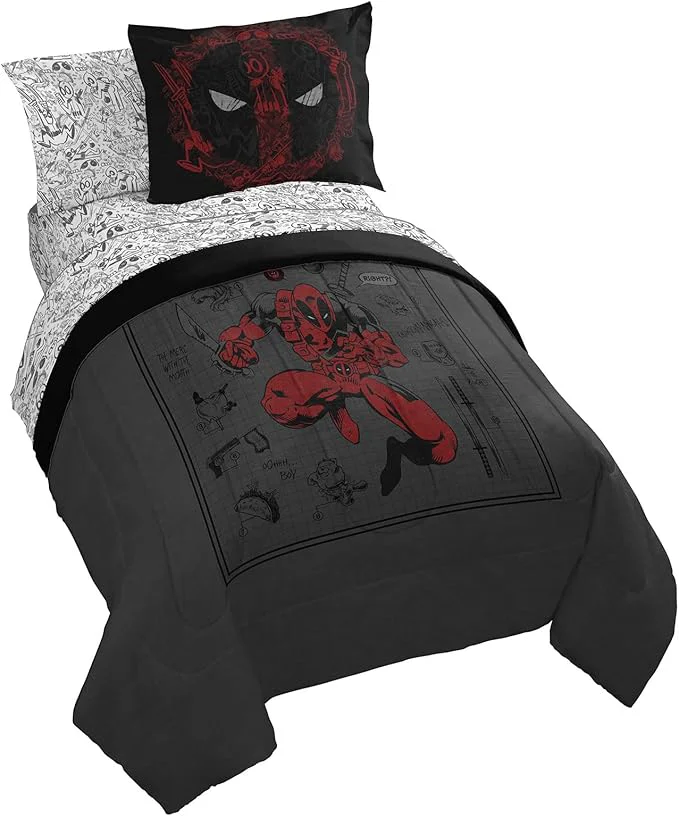 Unique Jay Franco Marvel Deadpool Twin Size Comforter Set – 5 Piece Bedding Includes Sheet Set and Pillow Covers – Gray and Red Super Soft Cozy Bedding Practical