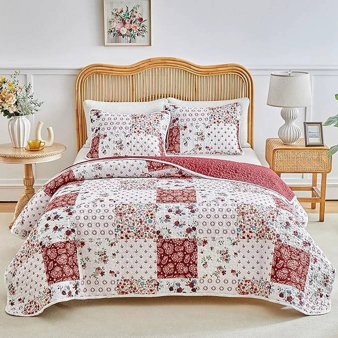 Durable Joyreap 2 Pieces Floral Patchwork Quilt Set Twin Burgundy Red n White Flowers Design Smooth Soft Microfiber Quilt Bedspread Bed Cover for All Season 68×86 inches High-Quality