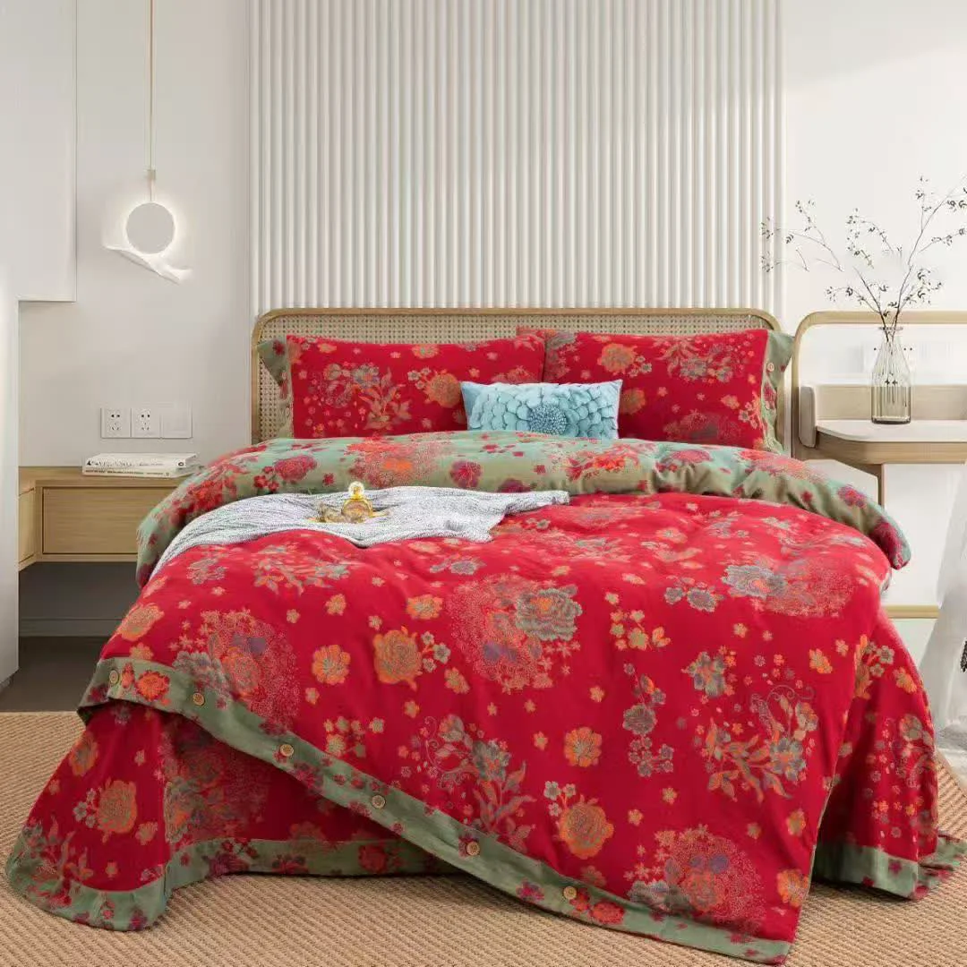 Modern Ownkoti Peony Cotton Gauze Button Bedding Set 4PCS Environmentally Friendly