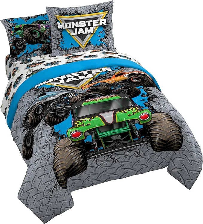 Top-Quality Jay Franco Kids Comforter Set Includes Sheets and Pillow Covers – Soft and Cozy Bed Set for Stylish Room Decor Gray – Monster Jam 01 7 Piece Queen Size Bedding Comfortable