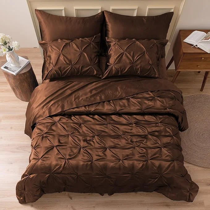 World-Class MR amp HM Satin Comforter King 7 Pieces – Luxurious Pinch Pleat Bedding Set with Comforter Flat Sheet Fitted Sheet Pillowcases amp Shams Super Silky Soft Bed Set for All Season King Brown Environmentally Friendly