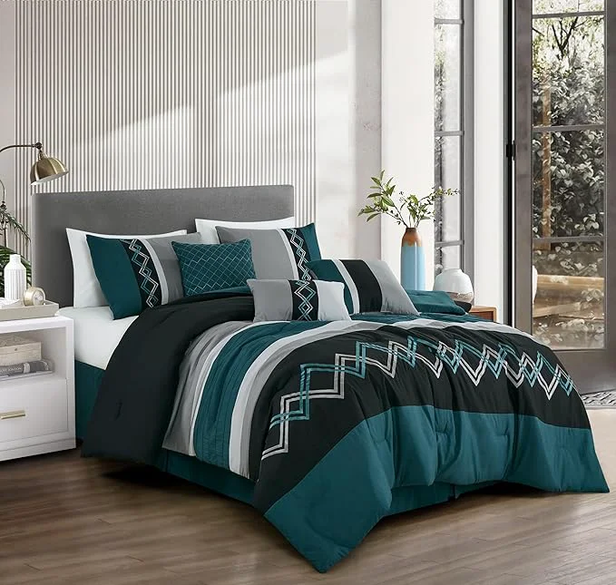 Sustainable Chezmoi Collection Arden 7-Piece Modern Pleated Stripe Embroidered Zigzag Bedding Comforter Set King Teal Black Gray Next-Generation
