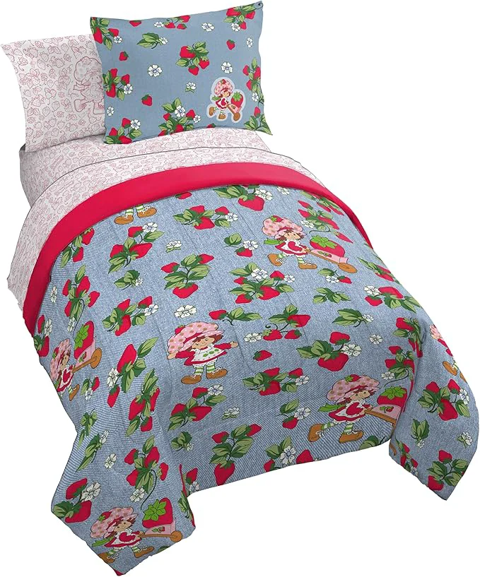 Smart Jay Franco Kids Comforter Set Includes Sheets and Pillow Covers – Soft and Cozy Bed Set for Stylish Room Decor Blue – Strawberry Shortcake 7 Piece Full Size Bedding Specialty