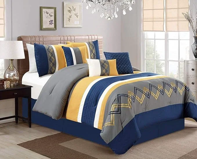 World-Class Chezmoi Collection Arden 7-Piece Modern Pleated Stripe Embroidered Zigzag Bedding Comforter Set Oversized King Navy Gray Yellow White Unique