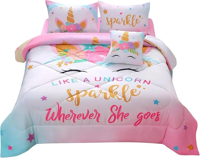 Elegant JQinHome Unicorn Twin Bedding Sets for Girls Kids 6 Piece Bed in A Bag 3D Colorful Flower Girl Unicorn Comforter Set with Sheet Set Sparkle Next-Generation