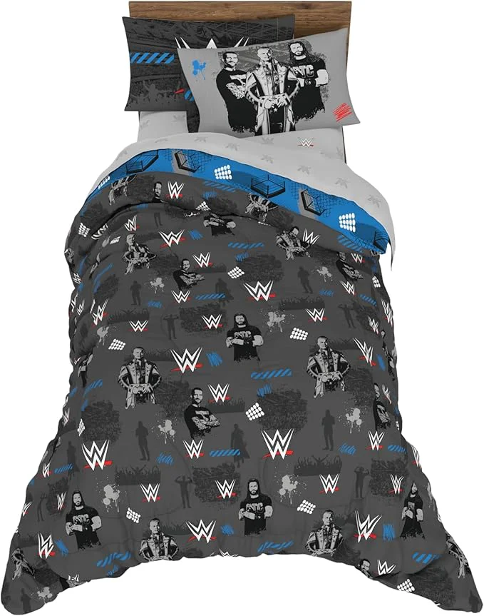 Practical WWE Wrestling Bedding Set Twin Size 5 Piece Set Super Soft Cozy Reversible Comforter and Sheet Set with Sham ly Licensed Product by Franco Original