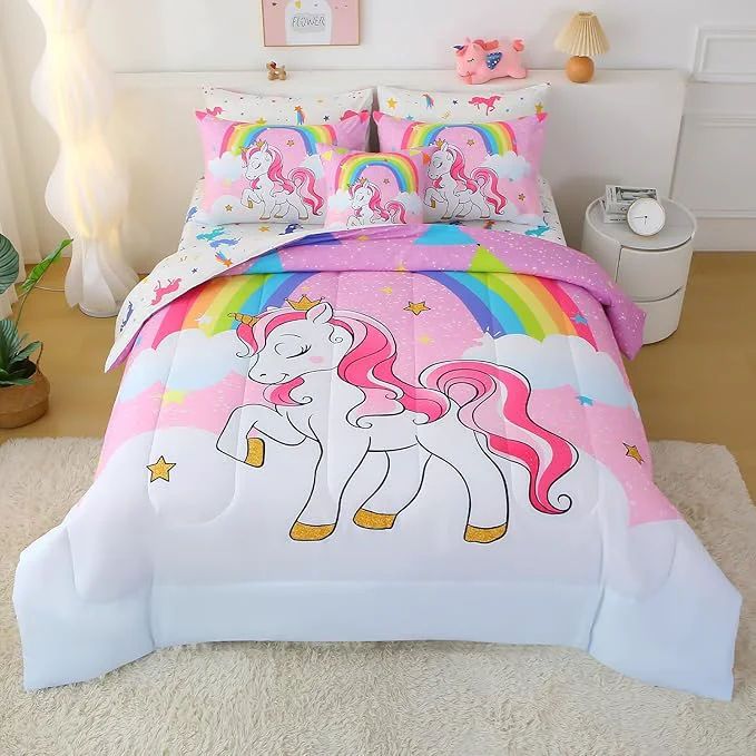 High-Grade JQinHome Unicorn Full Bedding Sets for Girls Kids 8 Piece Bed in A Bag 3D Pink Sky Rainbow Clouds Theme Unicorn Comforter Set with Sheet Set Pink Purple Smooth