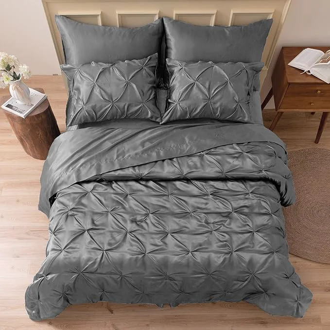 Premium MR amp HM Satin Comforter California King 7 Pieces Dark Grey – Luxurious Pinch Pleat Bedding Set with Comforter Flat Sheet Fitted Sheet Pillowcases amp Shams Super Silky Soft Bed Set for All Season Luxury