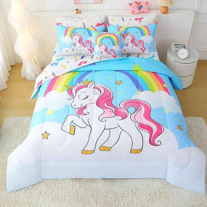 Organic JQinHome Unicorn Queen Bedding Sets for Girls Kids 8 Piece Bed in A Bag 3D Blue Rainbow Clouds Theme Unicorn Comforter Set with Sheet Set Blue Relaxed