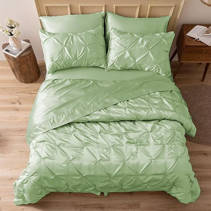 Authentic MR amp HM Satin Comforter King 7 Pieces – Luxurious Pinch Pleat Bedding Set with Comforter Flat Sheet Fitted Sheet Pillowcases amp Shams Super Silky Soft Bed Set for All Season King Light Sage Fine