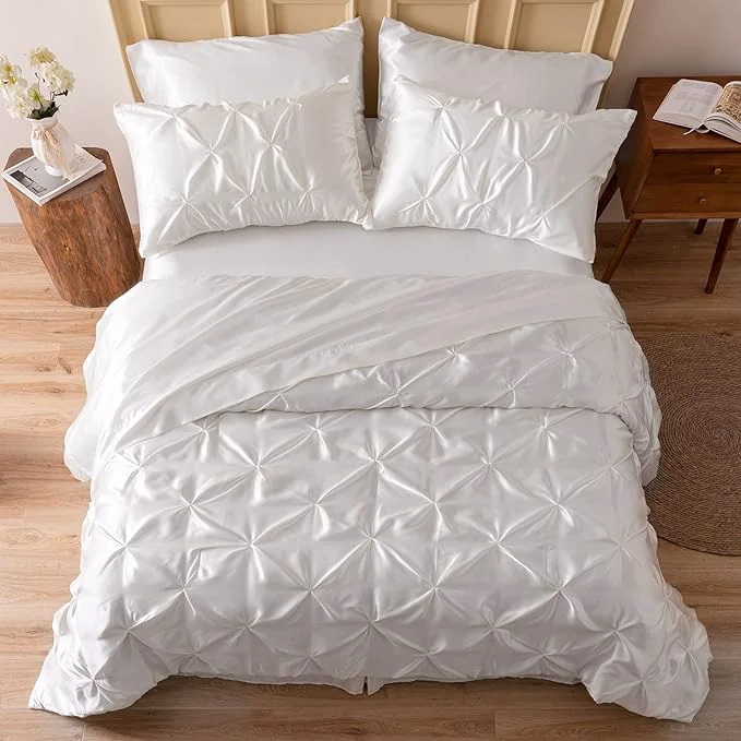 Artisan MR amp HM Satin Comforter Queen 7 Pieces – Luxurious Pinch Pleat Bedding Set with Comforter Flat Sheet Fitted Sheet Pillowcases amp Shams Super Silky Soft Bed Set for All Season Queen Ivory Sophisticated