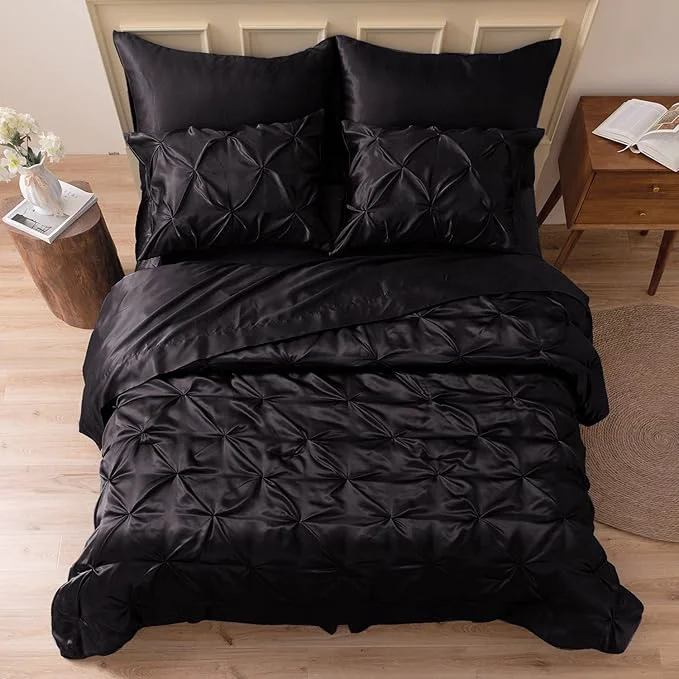 Original Design MR amp HM Satin Comforter King 7 Pieces – Luxurious Pinch Pleat Bedding Set with Comforter Flat Sheet Fitted Sheet Pillowcases amp Shams Super Silky Soft Bed Set for All Season King Black Luxury