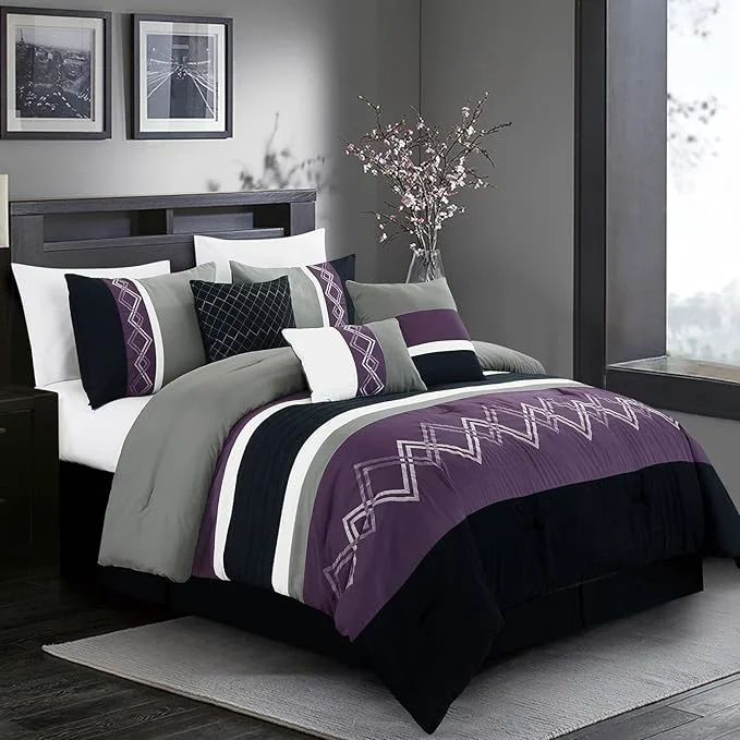Smart Chezmoi Collection Arden 7-Piece Modern Pleated Stripe Embroidered Zigzag Bedding Comforter Set Oversized King Purple Black Gray White Healthy