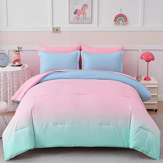 Specialty Drucon Comforter Set Queen Size for Teen Girl amp Women 7 Pieces Bed in A Bag Gradient Pink Green Bedding Set 1 Comforter 1 Flat Sheet 1 Fitted Sheet 2 Pillow Shams 2 Pillowcases Excellent